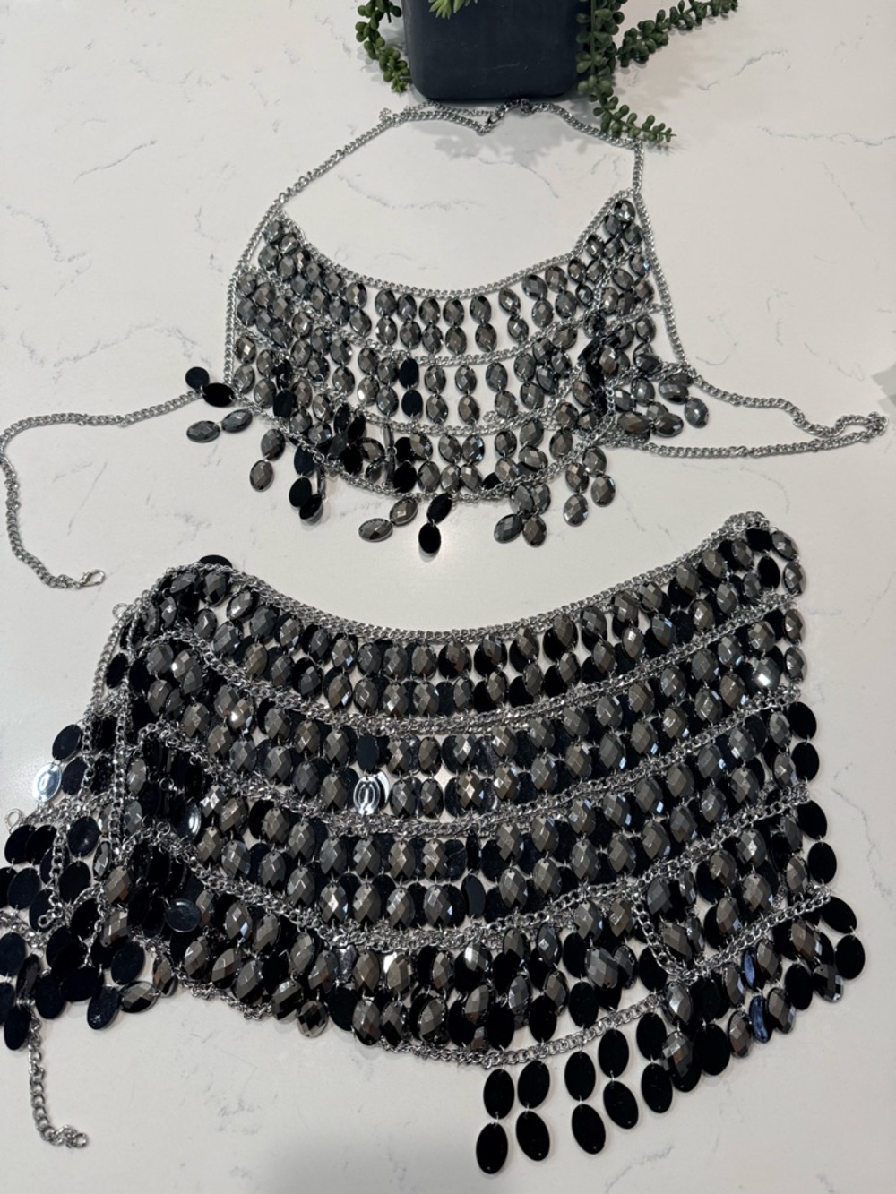 Women’s Statement Bib Necklace Set in Black and Silver